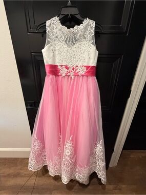 Girls' Pink and White Lace Bodice Tulle Dress